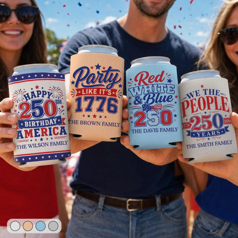 Custom Leather Can Cooler - Personalized America 250th Anniversary Gifts For Mom, Dad, Brother, Sister, Kids - Freedom Lives Here