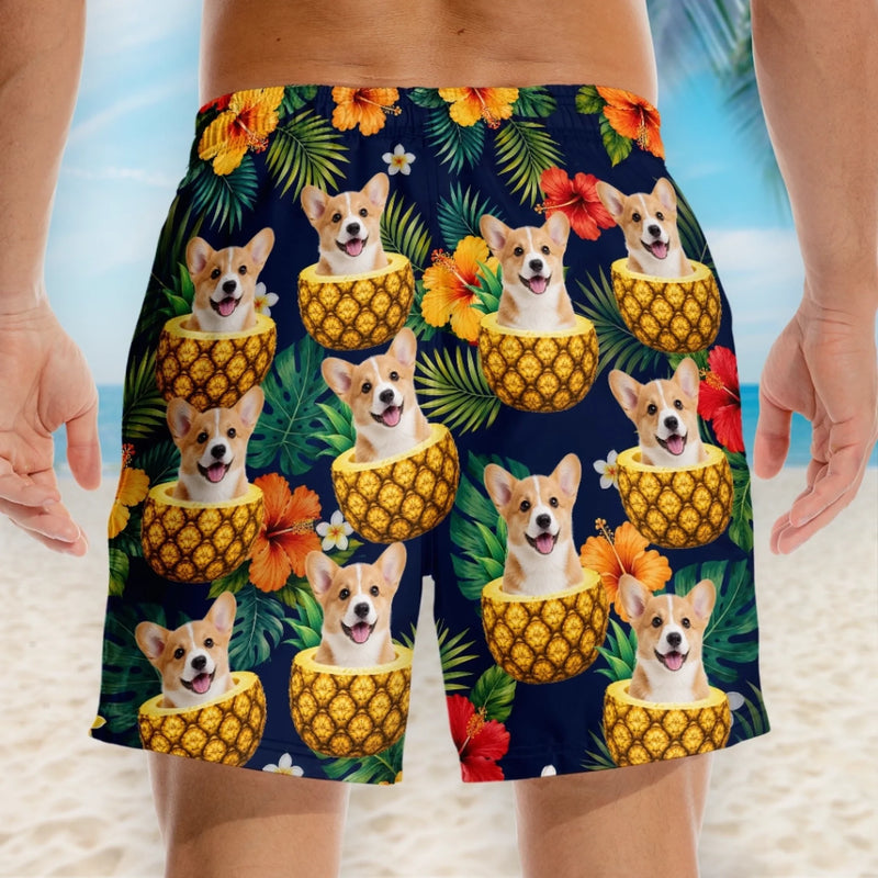 Custom Photo Tropical Hawaiian Aloha Men Beach Shorts - Personalized Summer Vacation And Travel Gifts For Dog Cat Lovers, Dog Dad And Mom, Cat Owners - Sunshine And Wagging Tails