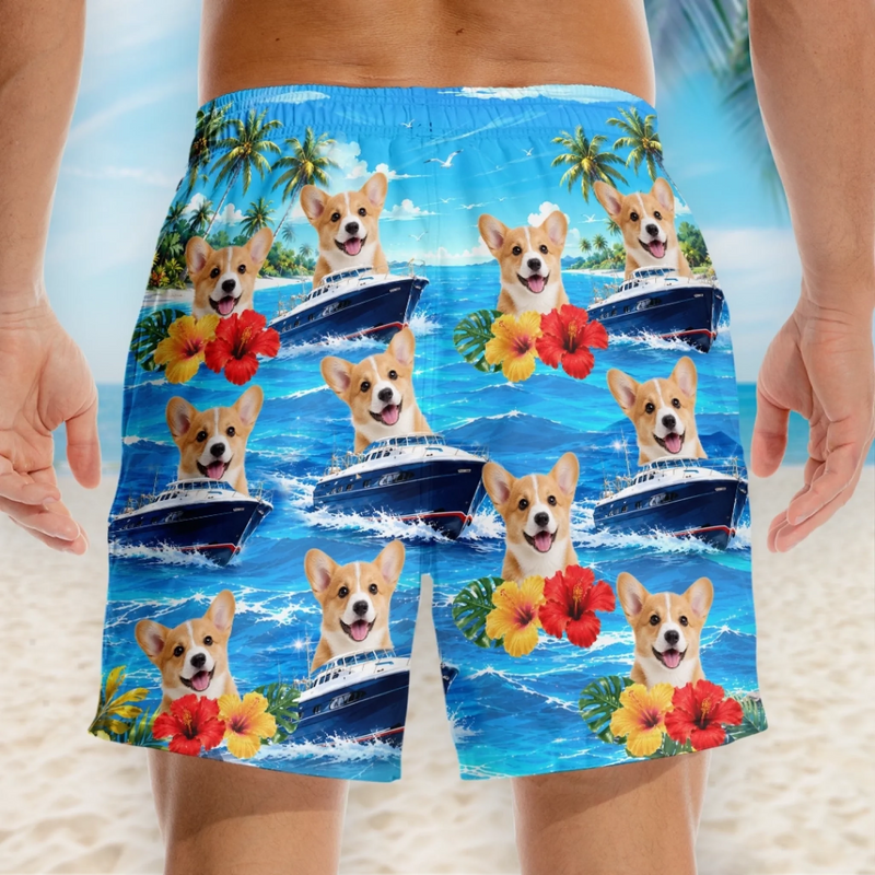 Custom Photo Tropical Hawaiian Aloha Men Beach Shorts - Personalized Summer Vacation And Travel Gifts For Dog Cat Lovers, Dog Dad And Mom, Cat Owners - Summer Paws Summer Smiles