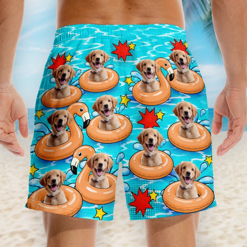 Custom Photo Tropical Hawaiian Aloha Men Beach Shorts - Personalized Summer Vacation And Travel Gifts For Dog Cat Lovers, Dog Dad And Mom, Cat Owners - Shades On, Furry Worries Gone