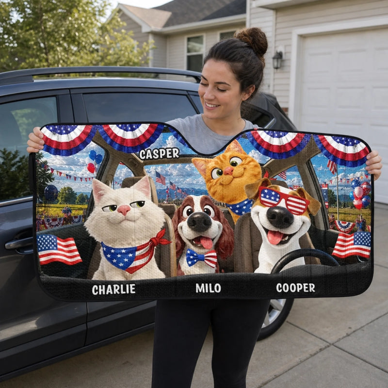 Custom Auto Windshield Sunshade, Car Window Protector - Personalized 4th Of July Gifts For Dog Cat Lovers, Dog Dad And Mom, Cat Owners - Stars, Stripes & Paw Prints