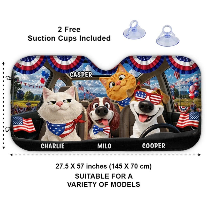 Custom Auto Windshield Sunshade, Car Window Protector - Personalized 4th Of July Gifts For Dog Cat Lovers, Dog Dad And Mom, Cat Owners - Stars, Stripes & Paw Prints