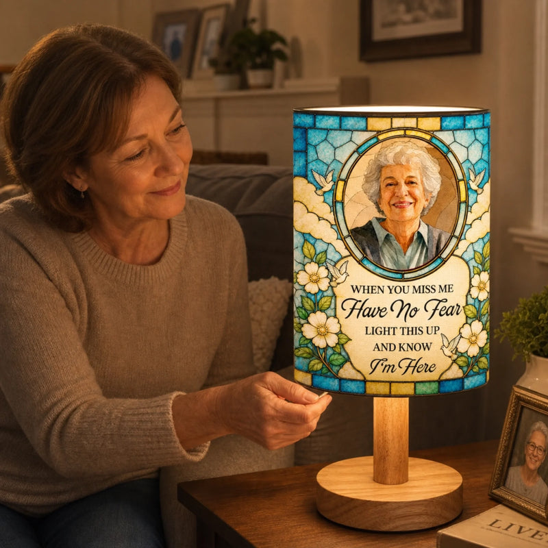 Custom Photo Linen Bedside Table Lamp - Personalized Memorial Sympathy Gifts For Loss Of Mom, Dad - Remembered With Love Always