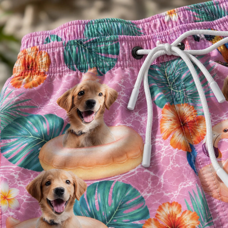 Custom Photo Tropical Hawaiian Aloha Men Beach Shorts - Personalized Summer Vacation And Travel Gifts For Dog Cat Lovers, Dog Dad And Mom, Cat Owners - Tropical Parrots, Furry Smiles