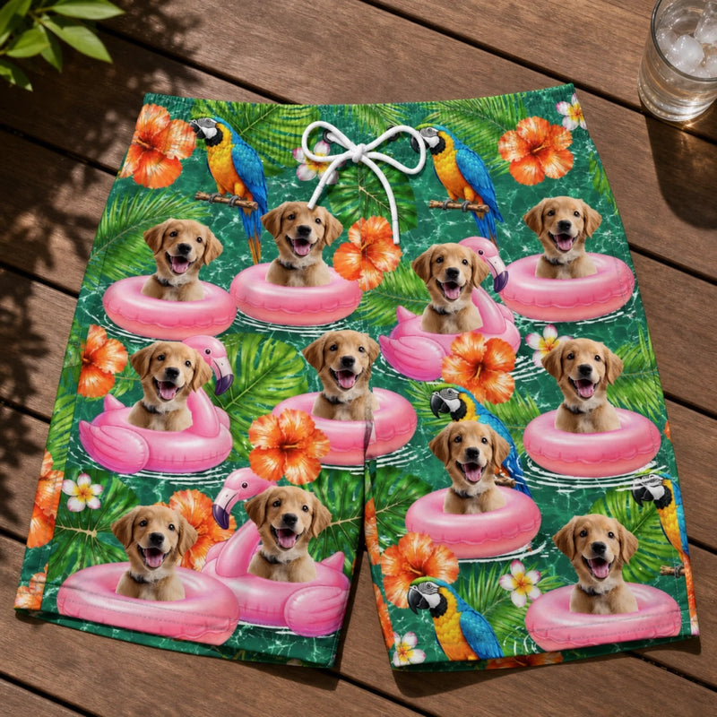 Custom Photo Tropical Hawaiian Aloha Men Beach Shorts - Personalized Summer Vacation And Travel Gifts For Dog Cat Lovers, Dog Dad And Mom, Cat Owners - Tropical Parrots, Furry Smiles