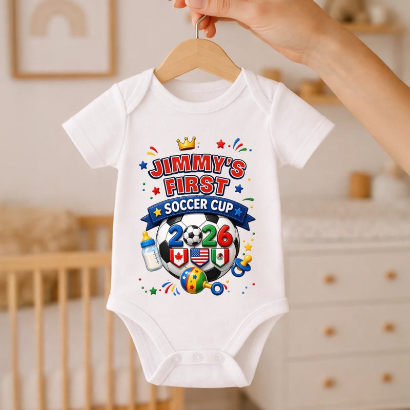 Custom World Football Baby Onesie - Personalized Baby Shower, Gender Reveal Gifts For Football Lovers, New Moms, New Dads - My Very First Gold Cup