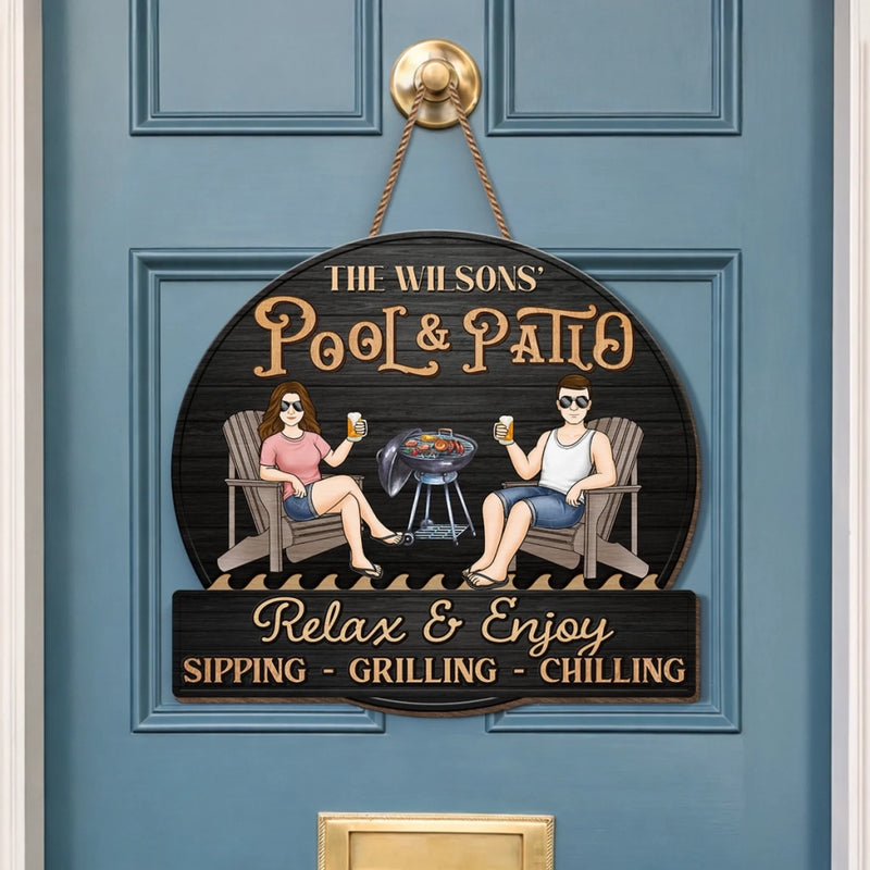 Custom Home Decor Wood Sign - Personalized Anniversary Wedding Gifts For Husband And Wife, Him And Her - Just A Couple, Pool & Patio Sipping Chilling