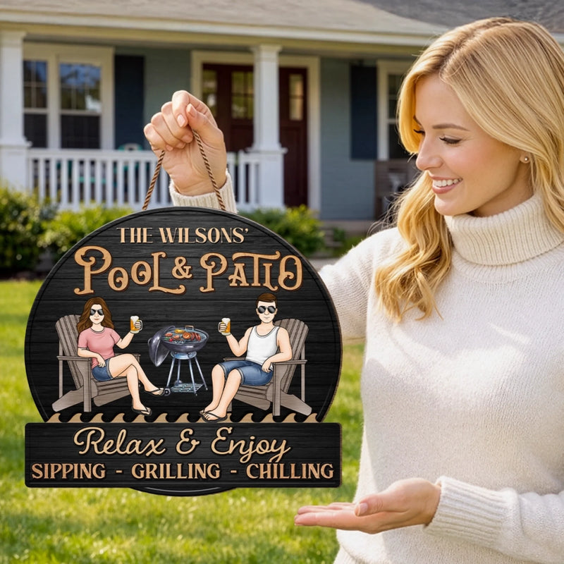 Custom Home Decor Wood Sign - Personalized Anniversary Wedding Gifts For Husband And Wife, Him And Her - Just A Couple, Pool & Patio Sipping Chilling