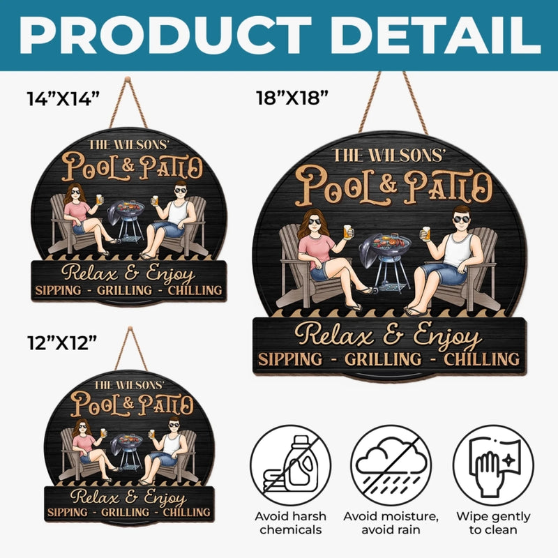Custom Home Decor Wood Sign - Personalized Anniversary Wedding Gifts For Husband And Wife, Him And Her - Just A Couple, Pool & Patio Sipping Chilling