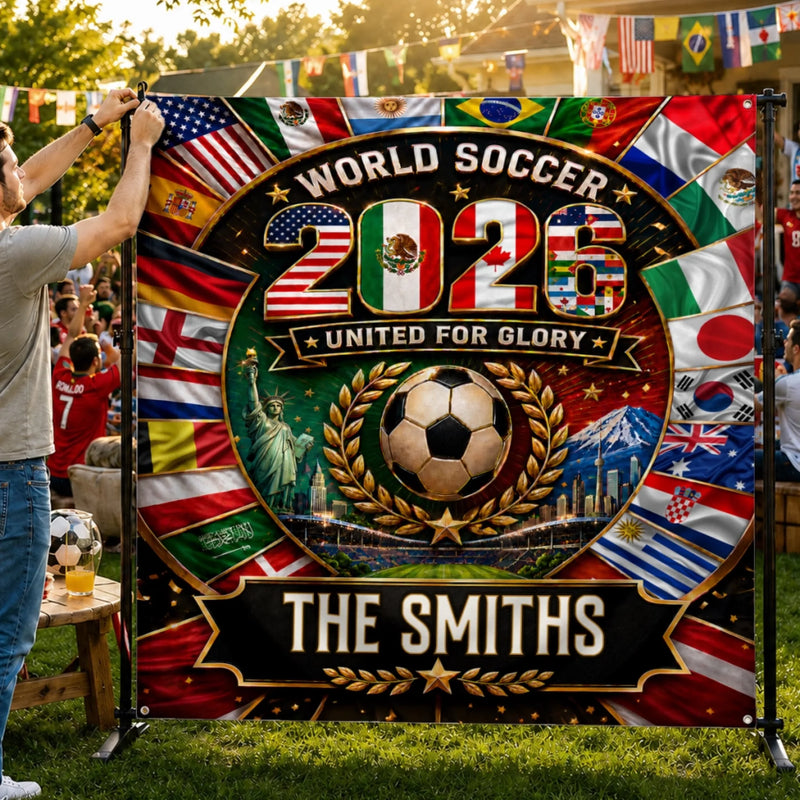 Custom World Football Backdrop - Personalized Birthday Gifts For Football Lovers, Sports Fans, Sports Lovers - United For Global Soccer Glory