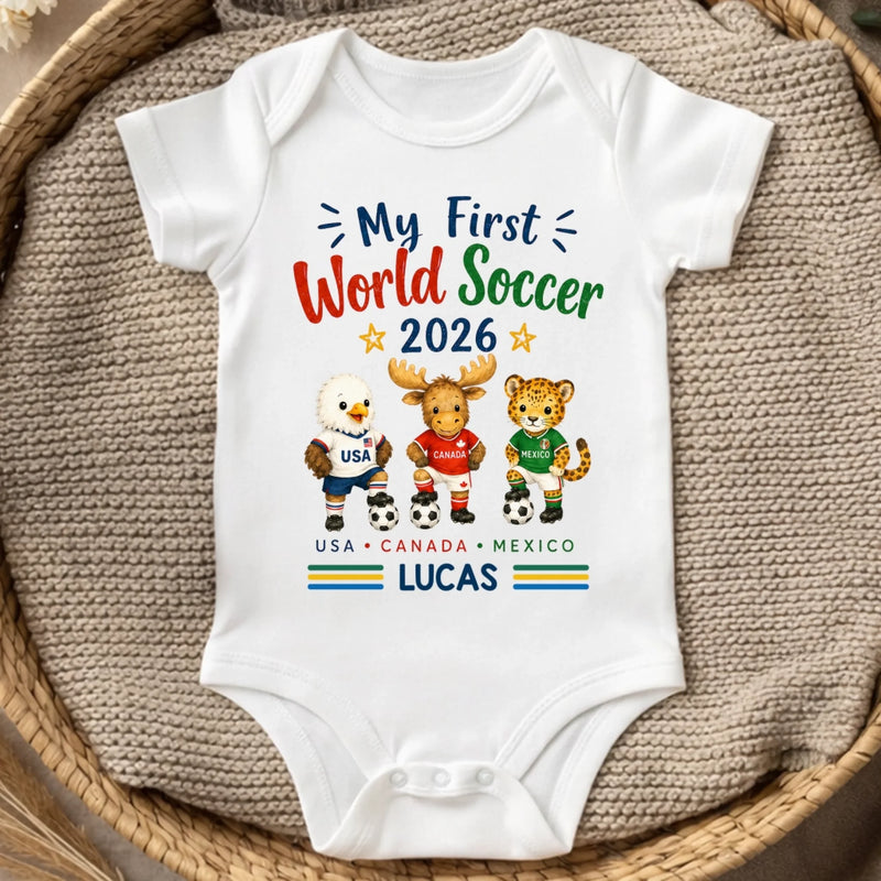 Custom World Football Baby Onesie - Personalized Baby Shower, Gender Reveal Gifts For Football Lovers, New Moms, New Dads - My First Champion Cup