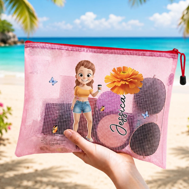 Custom Sandproof Mesh Beach Pouch - Personalized Summer Vacation And Travel Gifts For Women, Besties, Sisters, BFF - Salt Air Happy Soul