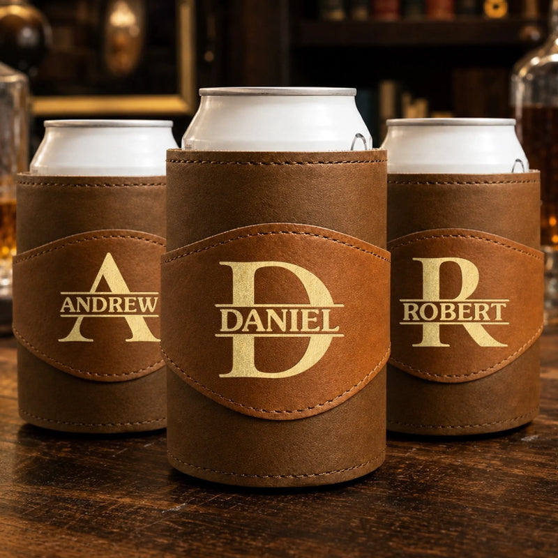 Custom Engraved Leather Can Cooler - Personalized Birthday Gifts For Men, Dad, Brother, Grandpa, Husband - Strong Calm Confident