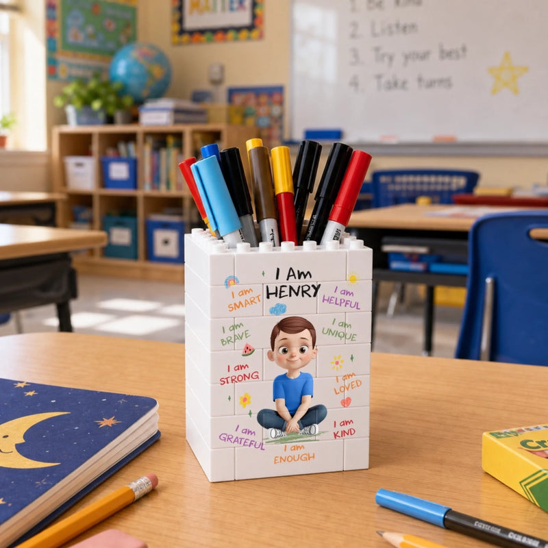 Custom Kids Brick-Style Pen Holder - Personalized Back To School Gifts For Kids - Learning Big Dreaming Bigger