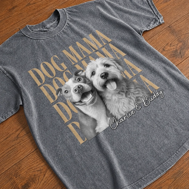 Custom Photo Washed Cotton T-shirt - Personalized Birthday Gifts For Dog Cat Lovers, Dog Dad And Mom, Cat Owners - Proud Dog Mama