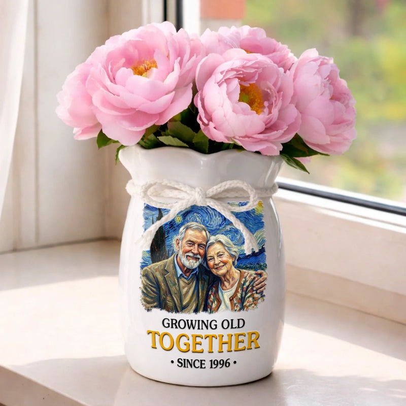 Custom Photo Flower Vase With Ribbon - Personalized  Anniversary Wedding Gifts For Husband And Wife, Him And Her - Partners In Love And Wrinkles