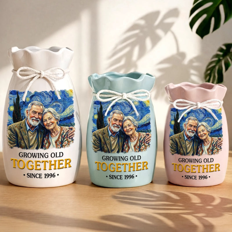 Custom Photo Flower Vase With Ribbon - Personalized  Anniversary Wedding Gifts For Husband And Wife, Him And Her - Partners In Love And Wrinkles