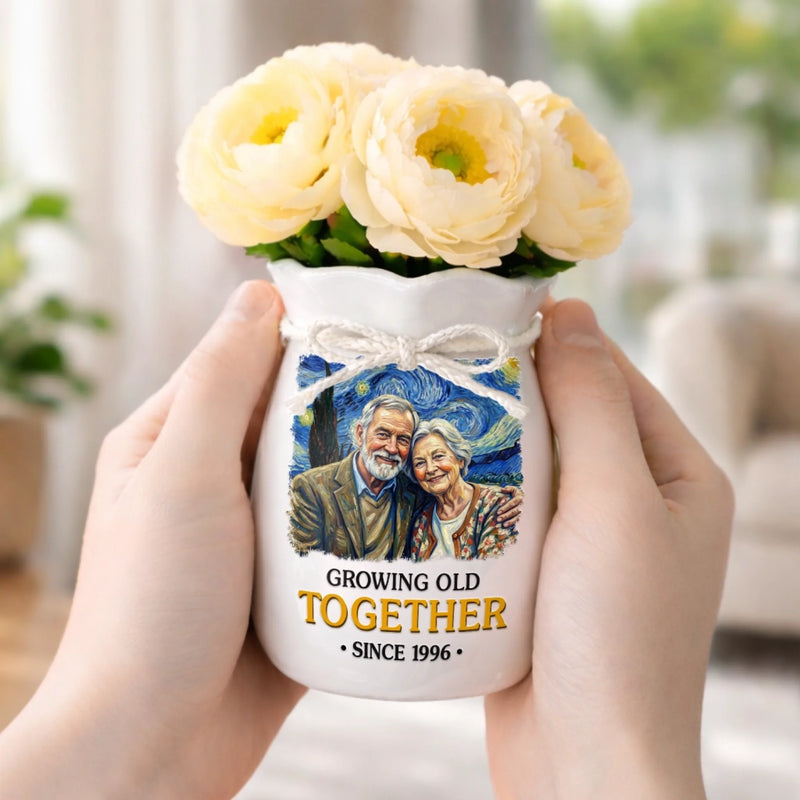 Custom Photo Flower Vase With Ribbon - Personalized  Anniversary Wedding Gifts For Husband And Wife, Him And Her - Partners In Love And Wrinkles