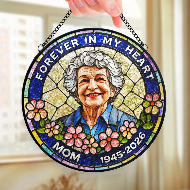 Custom Photo Stained Glass Window Hanging Suncatcher - Personalized Memorial Sympathy Gifts For Loss Of Mom, Dad - Always With Us In Spirit