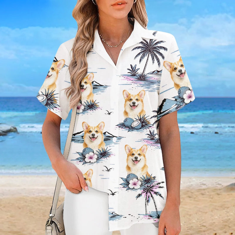 Custom Photo Unisex Tropical Hawaiian Aloha Shirt - Personalized Summer Vacation And Travel Gifts For Dog Cat Lovers, Dog Dad And Mom, Cat Owners - Sandy Paws Happy Days