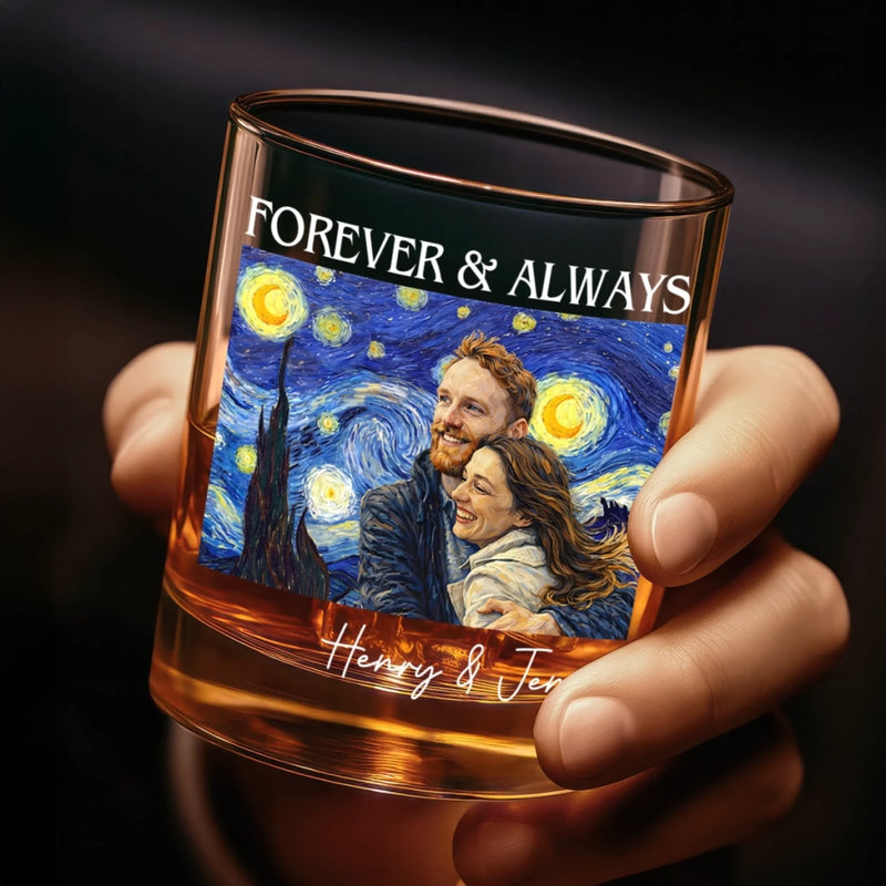 Custom Photo Whiskey Glass - Personalized Anniversary Wedding Gifts For Husband And Wife, Him And Her - Forever And Always