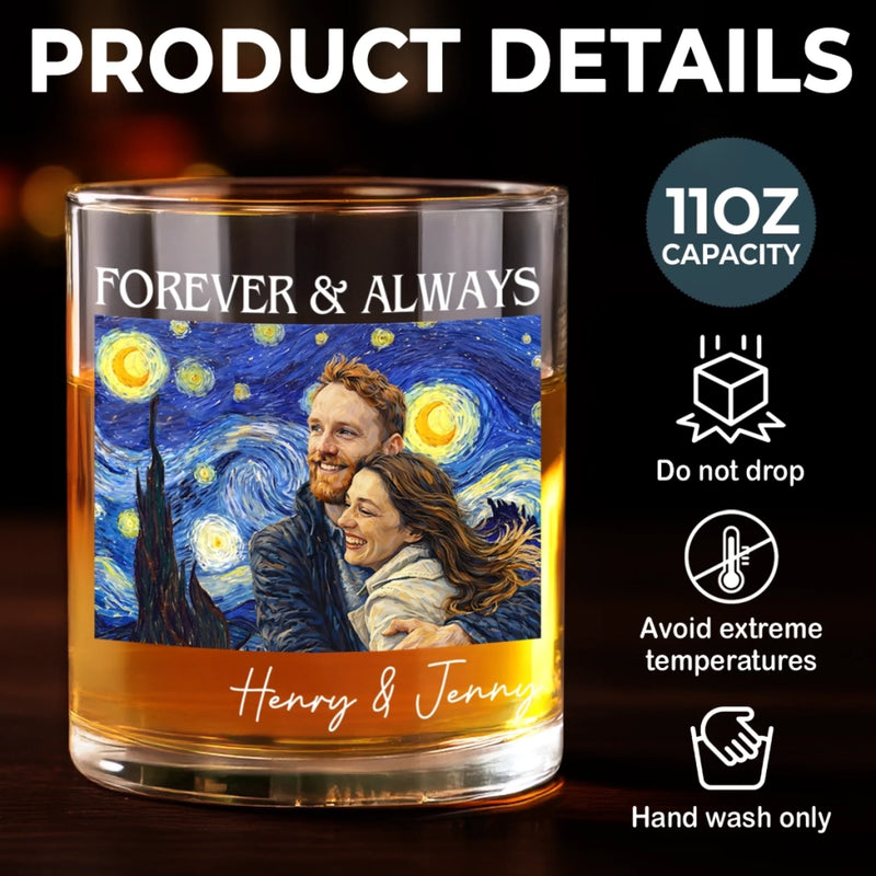 Custom Photo Whiskey Glass - Personalized Anniversary Wedding Gifts For Husband And Wife, Him And Her - Forever And Always