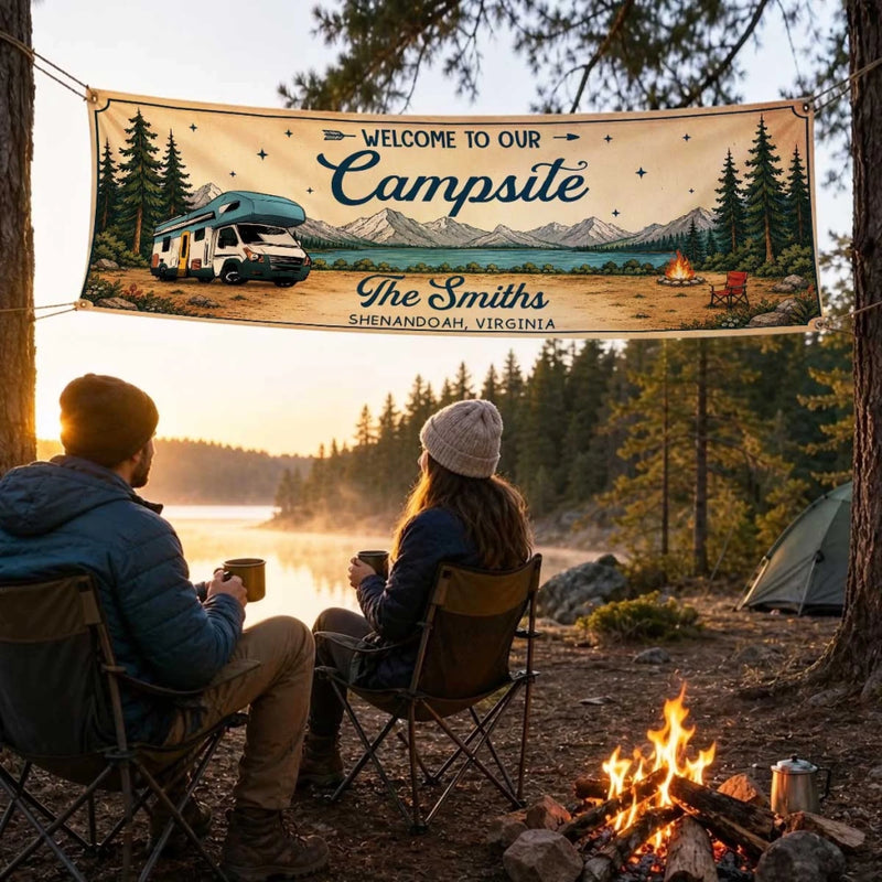 Custom Outdoor Banner - Personalized Summer Vacation And Travel Camping Gifts For Campers, Mom, Dad, Brother, Sister, Kids - Adventure Found Here