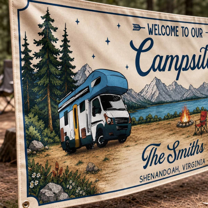 Custom Outdoor Banner - Personalized Summer Vacation And Travel Camping Gifts For Campers, Mom, Dad, Brother, Sister, Kids - Adventure Found Here