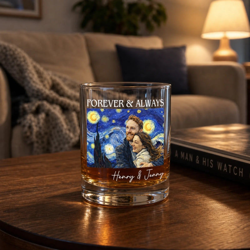 Custom Photo Whiskey Glass - Personalized Anniversary Wedding Gifts For Husband And Wife, Him And Her - Forever And Always