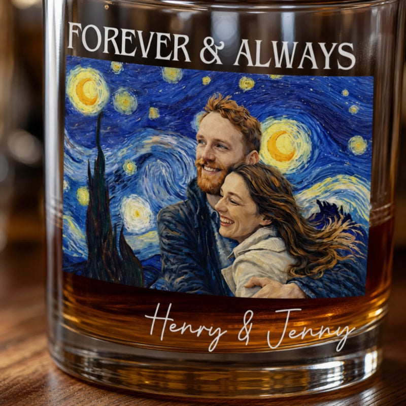 Custom Photo Whiskey Glass - Personalized Anniversary Wedding Gifts For Husband And Wife, Him And Her - Forever And Always