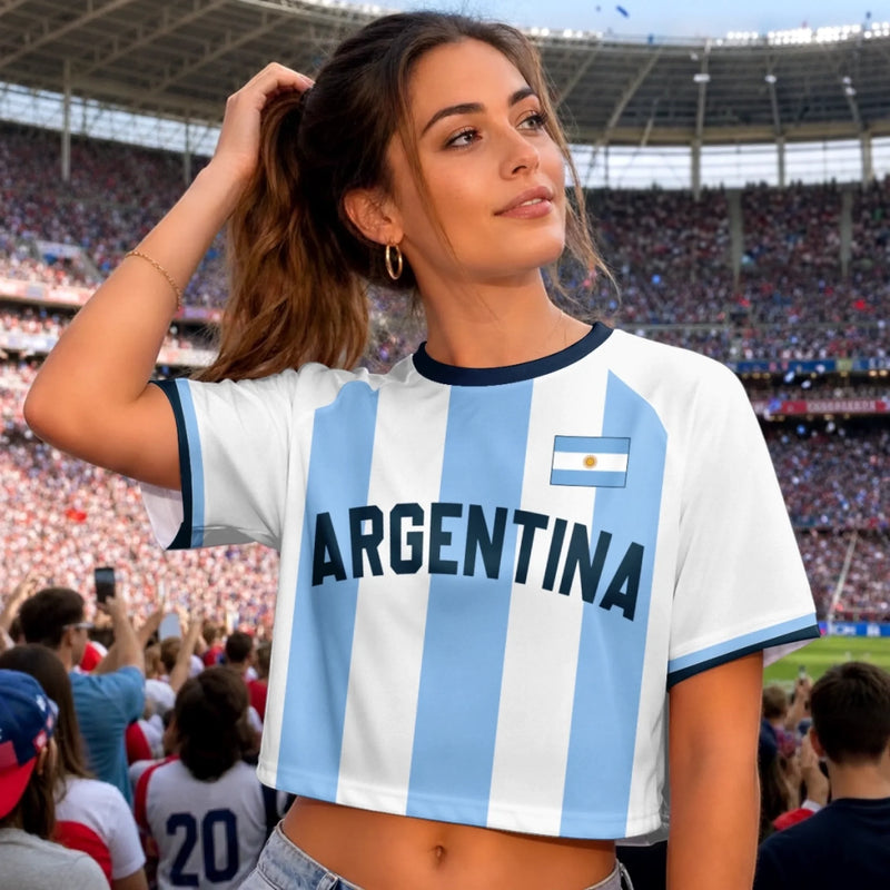 Custom Women's Argentina World Football Jersey Crop Tee - Personalized Birthday Gifts For Football Lovers, Sports Fans, Sports Lovers - Sun Of May, Guide Our Victory
