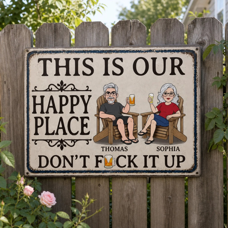 Custom Home Decor Metal Sign - Personalized Summer Vacation And Travel Gifts For Husband, Wife, Couple - This Is Our Happy Place
