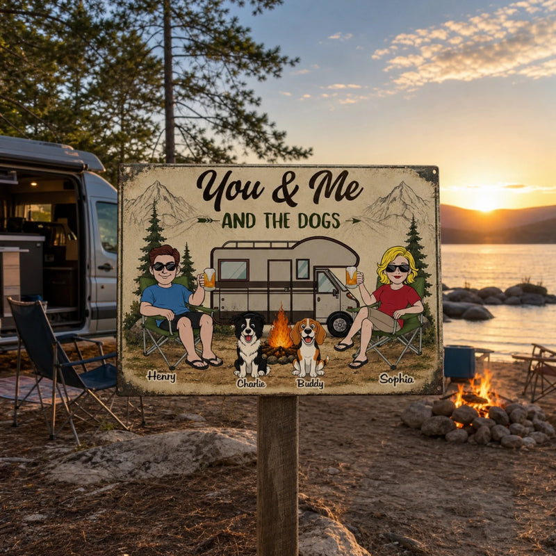 Custom Home Decor Metal Sign - Personalized Anniversary Wedding Camping Gifts For Campers, Couple, Dog Lovers - Woods Wanderers Together Forever