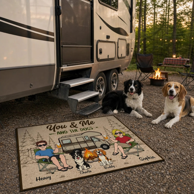 Custom Home Decor Decorative Mat - Personalized Anniversary Wedding Camping Gifts For Campers, Couple, Dog Lovers - Chillin By The Fire