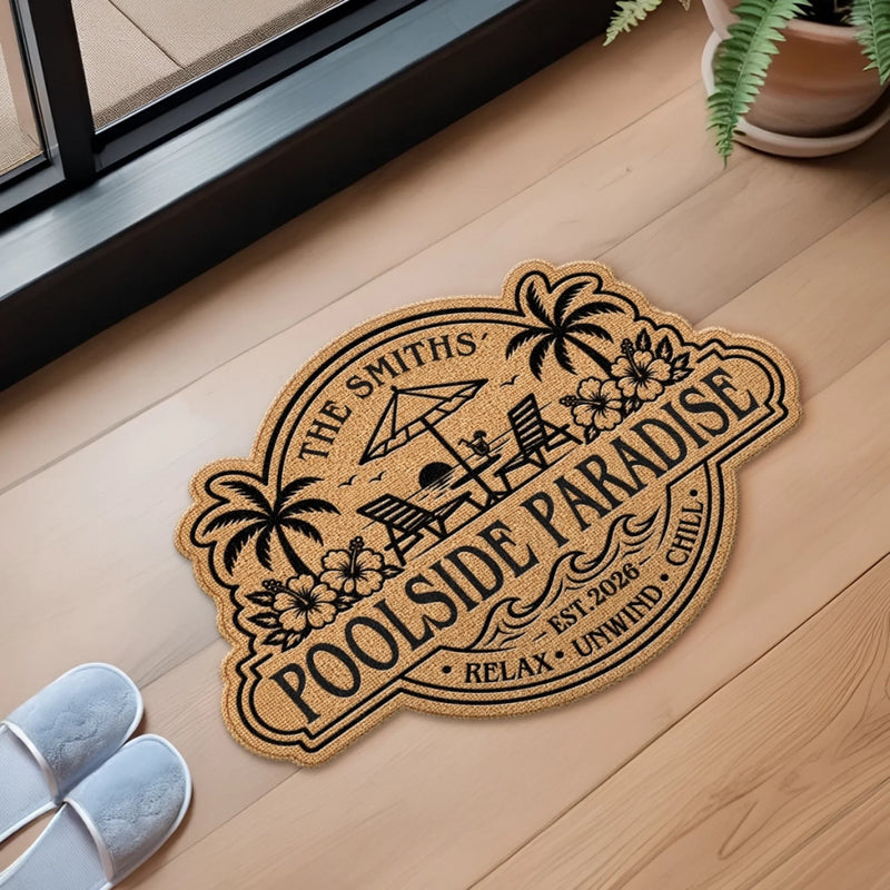 Custom Poolside Shaped Doormat - Personalized Summer Vacation And Travel Gifts For Family - Welcome To Our Happy Place