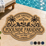Custom Poolside Shaped Doormat - Personalized Summer Vacation And Travel Gifts For Family - Welcome To Our Happy Place