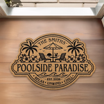 Custom Poolside Shaped Doormat - Personalized Summer Vacation And Travel Gifts For Family - Welcome To Our Happy Place