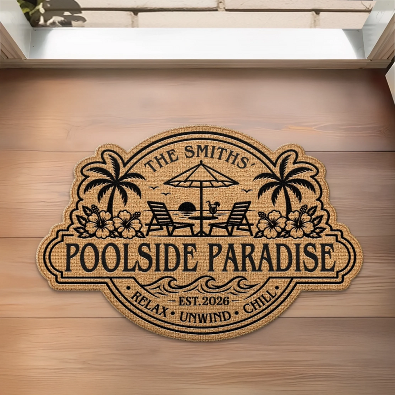 Custom Poolside Shaped Doormat - Personalized Summer Vacation And Travel Gifts For Family - Welcome To Our Happy Place