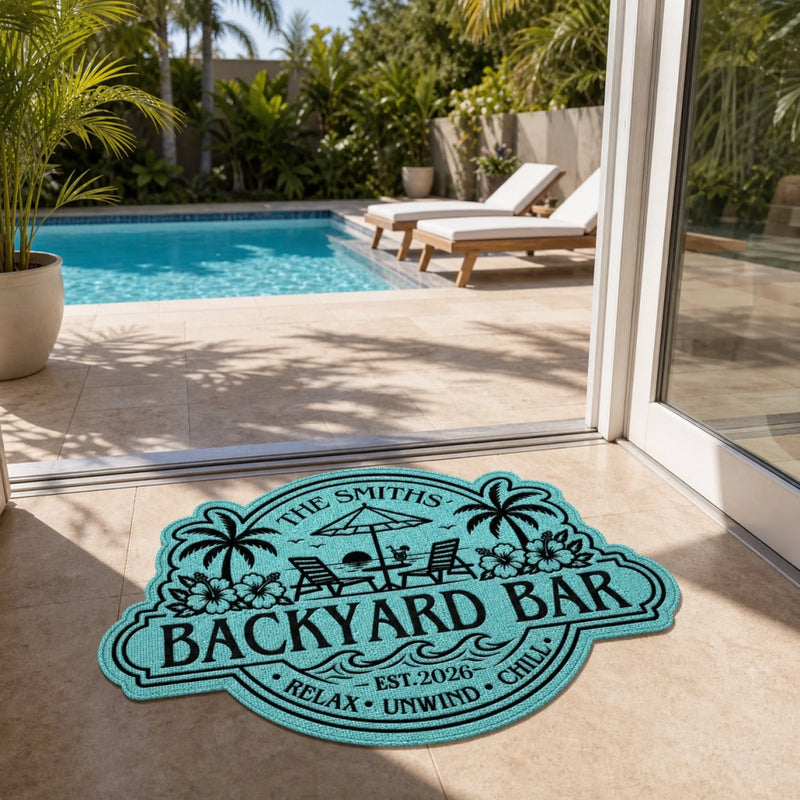 Custom Poolside Shaped Doormat - Personalized Summer Vacation And Travel Gifts For Family - Welcome To Our Happy Place