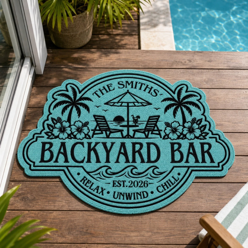 Custom Poolside Shaped Doormat - Personalized Summer Vacation And Travel Gifts For Family - Welcome To Our Happy Place