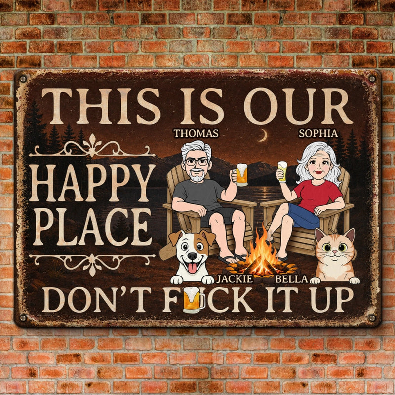 Custom Home Decor Metal Sign - Personalized  Anniversary Wedding Camping Gifts For Campers, Couple, Pet Lovers - Campfires, Drinks And Furry Chaos