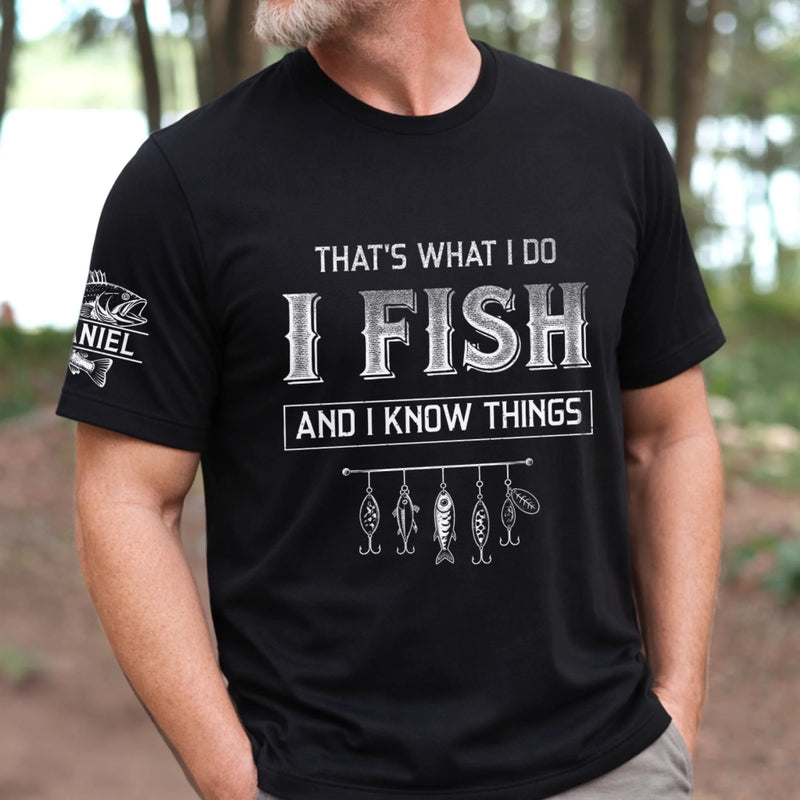 Custom Unisex T-Shirt With Design On Sleeve - Personalized Birthday Fishing Gifts For Fisherman, Husband, Son, Grandson, Brother, Grandpa, Dad, Yourself - Hooked On Fishing
