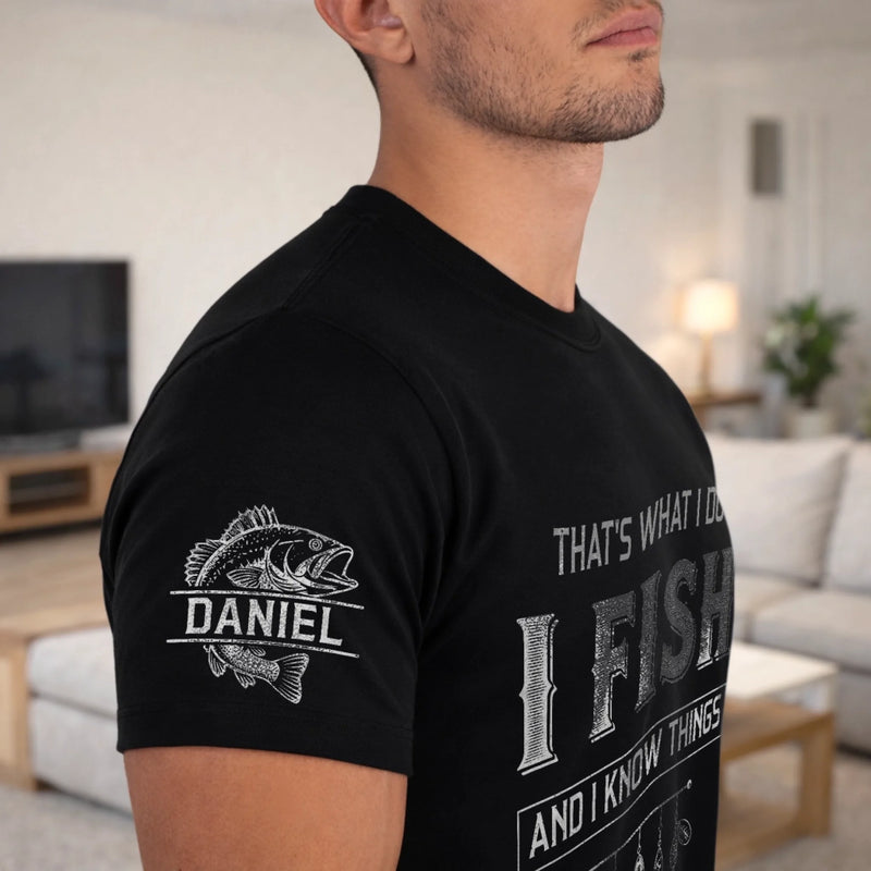 Custom Unisex T-Shirt With Design On Sleeve - Personalized Birthday Fishing Gifts For Fisherman, Husband, Son, Grandson, Brother, Grandpa, Dad, Yourself - Hooked On Fishing