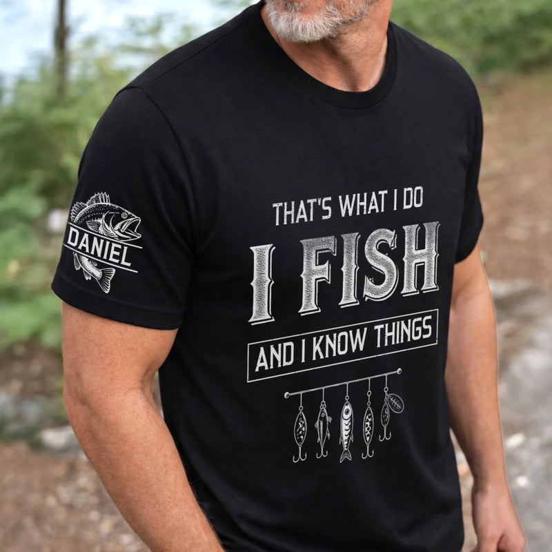 Custom Unisex T-Shirt With Design On Sleeve - Personalized Birthday Fishing Gifts For Fisherman, Husband, Son, Grandson, Brother, Grandpa, Dad, Yourself - Hooked On Fishing