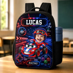 Custom Photo Kids Backpack & Water Bottle Set - Personalized Back To School Gifts For Kids, Gamers - Fast Lane Ahead