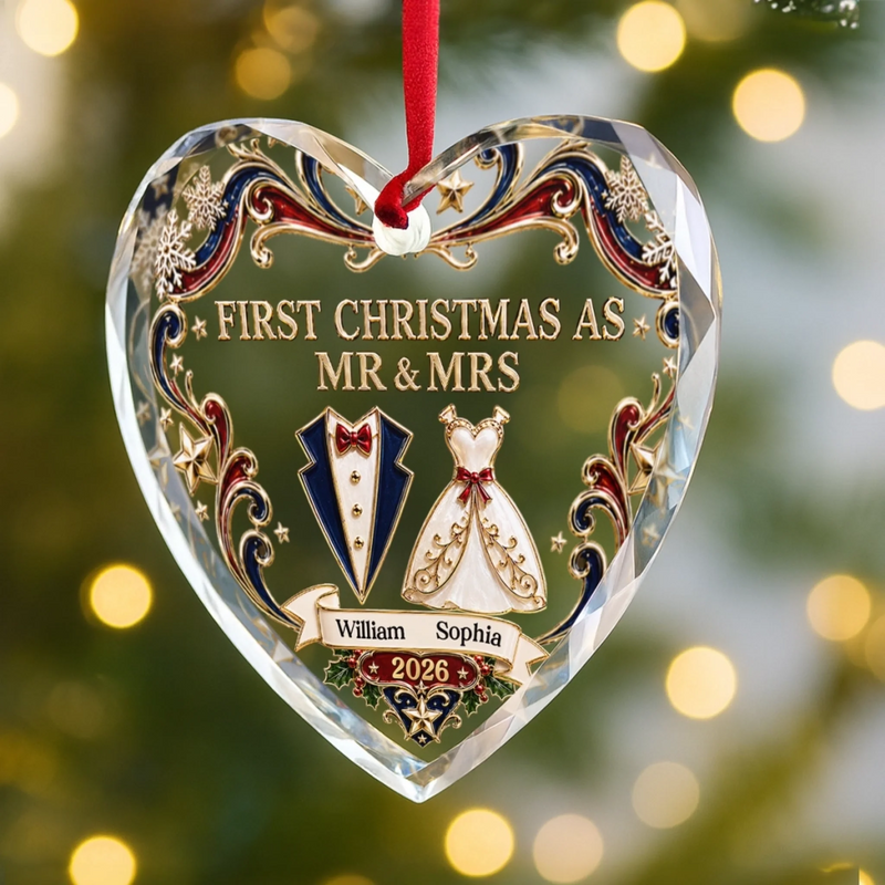 Custom First Christmas Heart Glass Ornament - Personalized Anniversary Christmas Wedding Gifts For Husband, Wife, Couple - Gather Love Celebrate