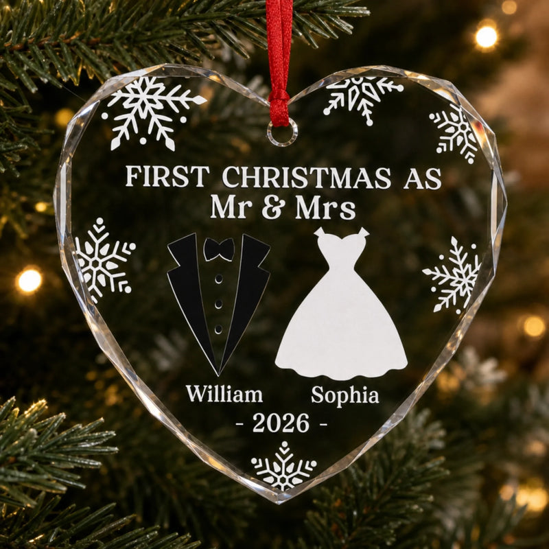 Custom Heart, Round Glass Ornament - Personalized Anniversary Christmas Wedding Gifts For Couple, Husband, Wife - Our First Christmas As Mr & Mrs