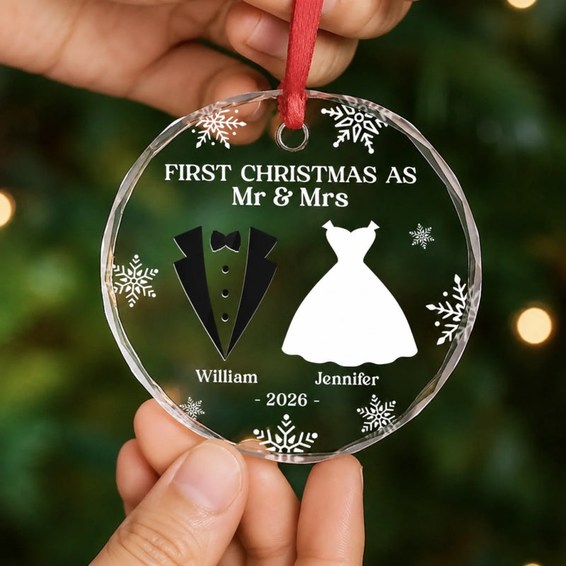 Custom Heart, Round Glass Ornament - Personalized Anniversary Christmas Wedding Gifts For Couple, Husband, Wife - Our First Christmas As Mr & Mrs