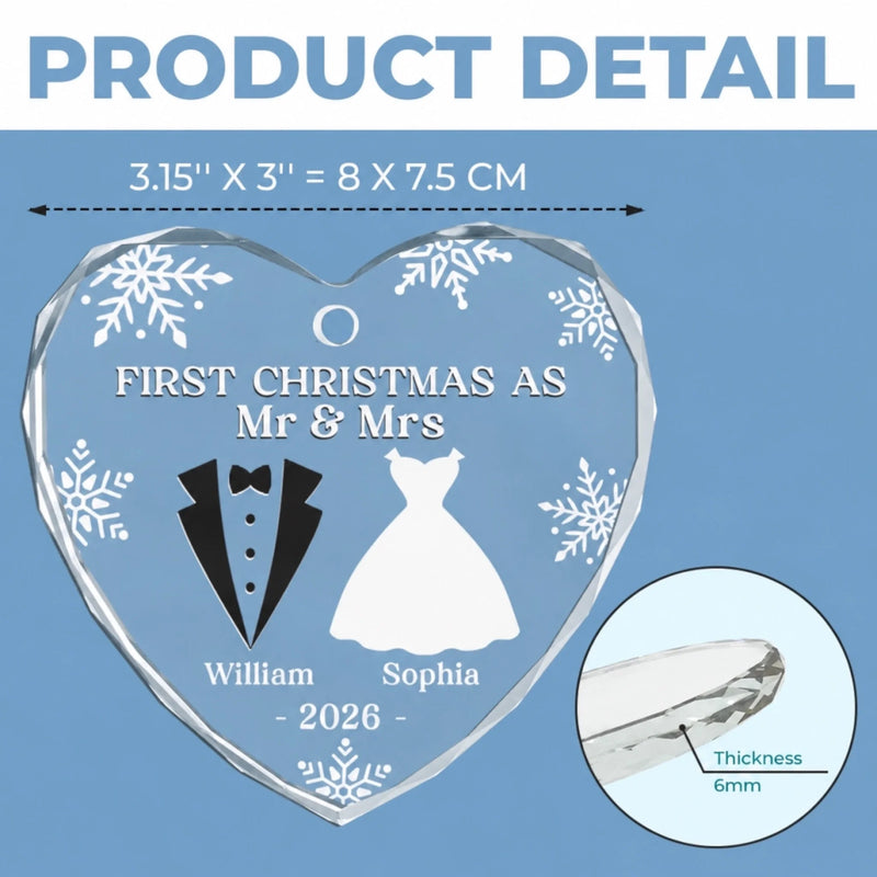 Custom Heart, Round Glass Ornament - Personalized Anniversary Christmas Wedding Gifts For Couple, Husband, Wife - Our First Christmas As Mr & Mrs