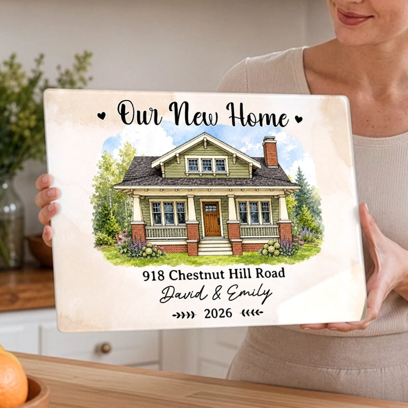 Custom Photo New Home Tempered Glass Cutting Board - Personalized Anniversary Christmas Wedding Gifts For Husband And Wife, Him And Her - Fresh Start Happy Heart